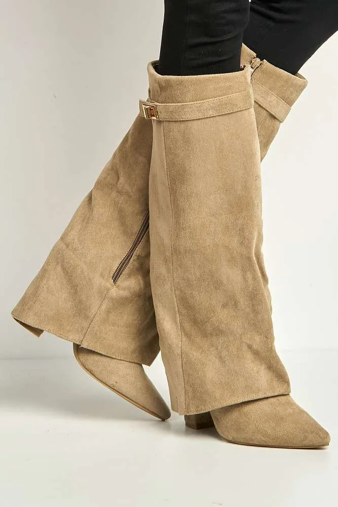 Ayla Block Heel Pointy Toe Gold Trim Buckle Collar Covered Calfboots in Taupe Suede