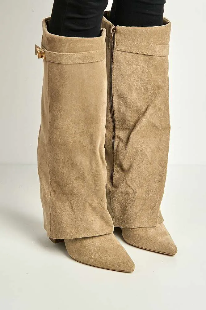 Ayla Block Heel Pointy Toe Gold Trim Buckle Collar Covered Calfboots in Taupe Suede