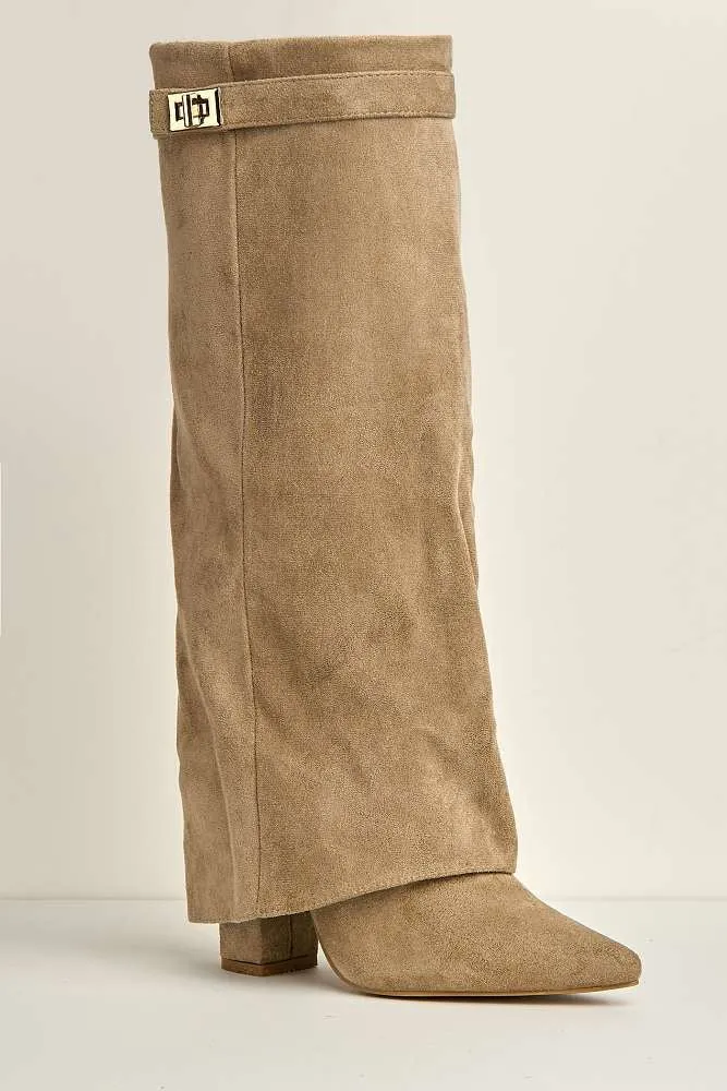 Ayla Block Heel Pointy Toe Gold Trim Buckle Collar Covered Calfboots in Taupe Suede