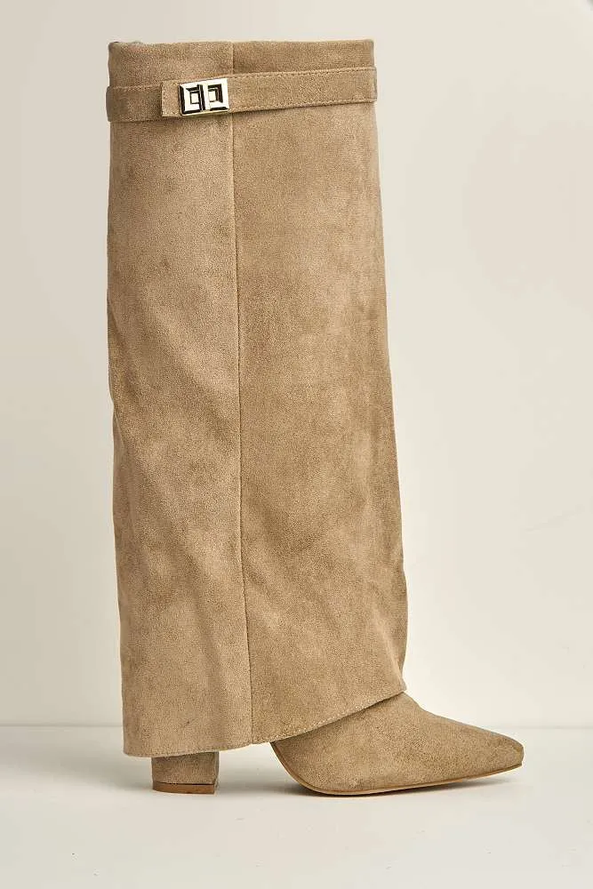 Ayla Block Heel Pointy Toe Gold Trim Buckle Collar Covered Calfboots in Taupe Suede