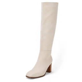 Beige Fashionable Chunky Block Knee High Boots