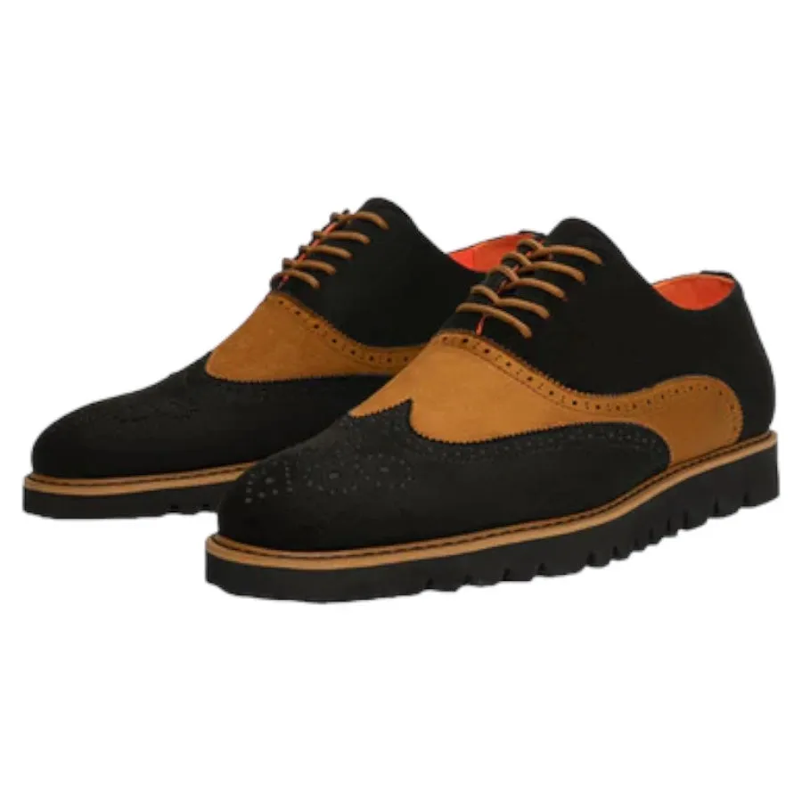 Black and cognac suede towtone wingtip men's casual shoes