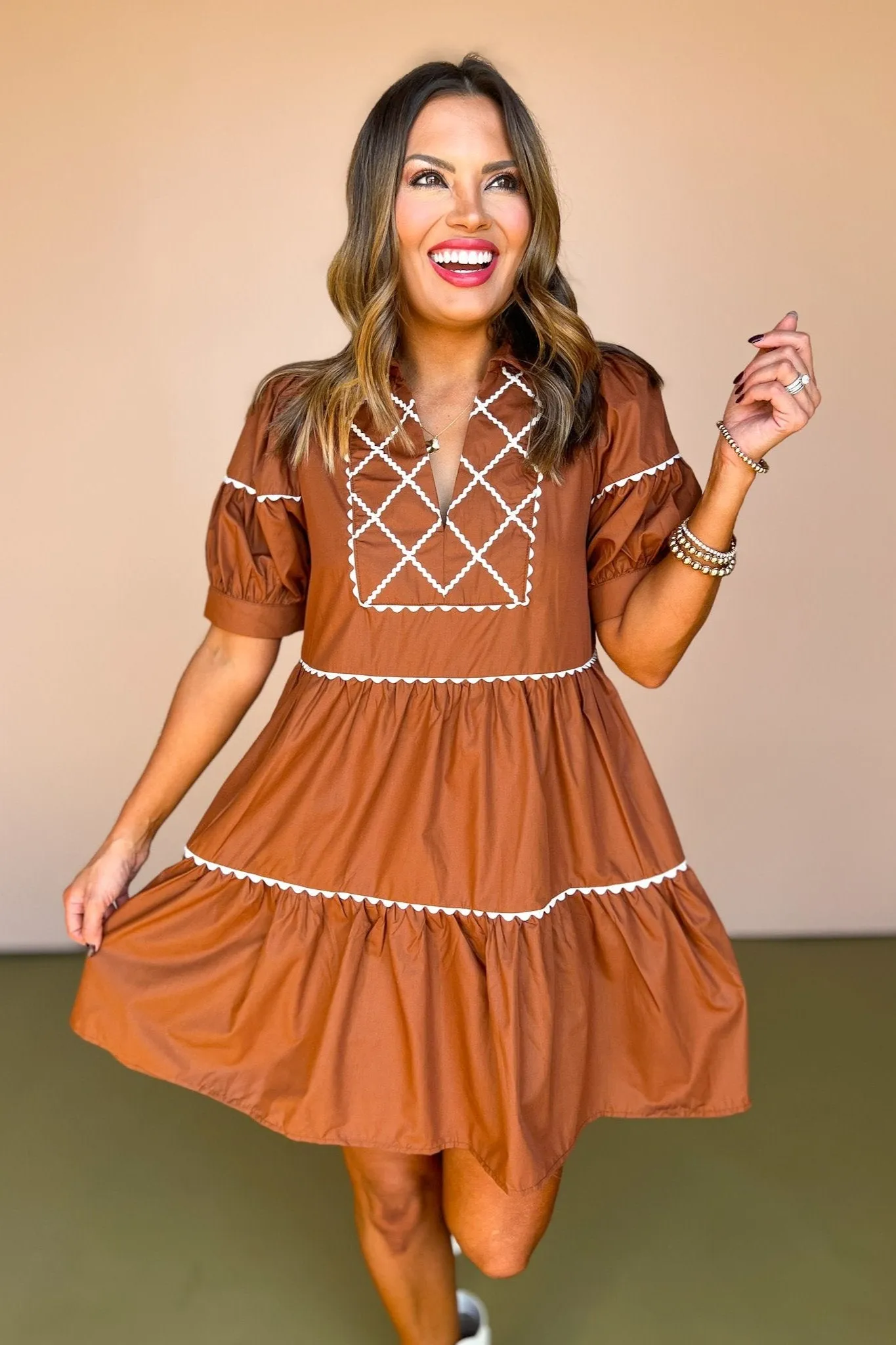 Brown Scallop Trim Detail Collared Short Puff Sleeve Dress