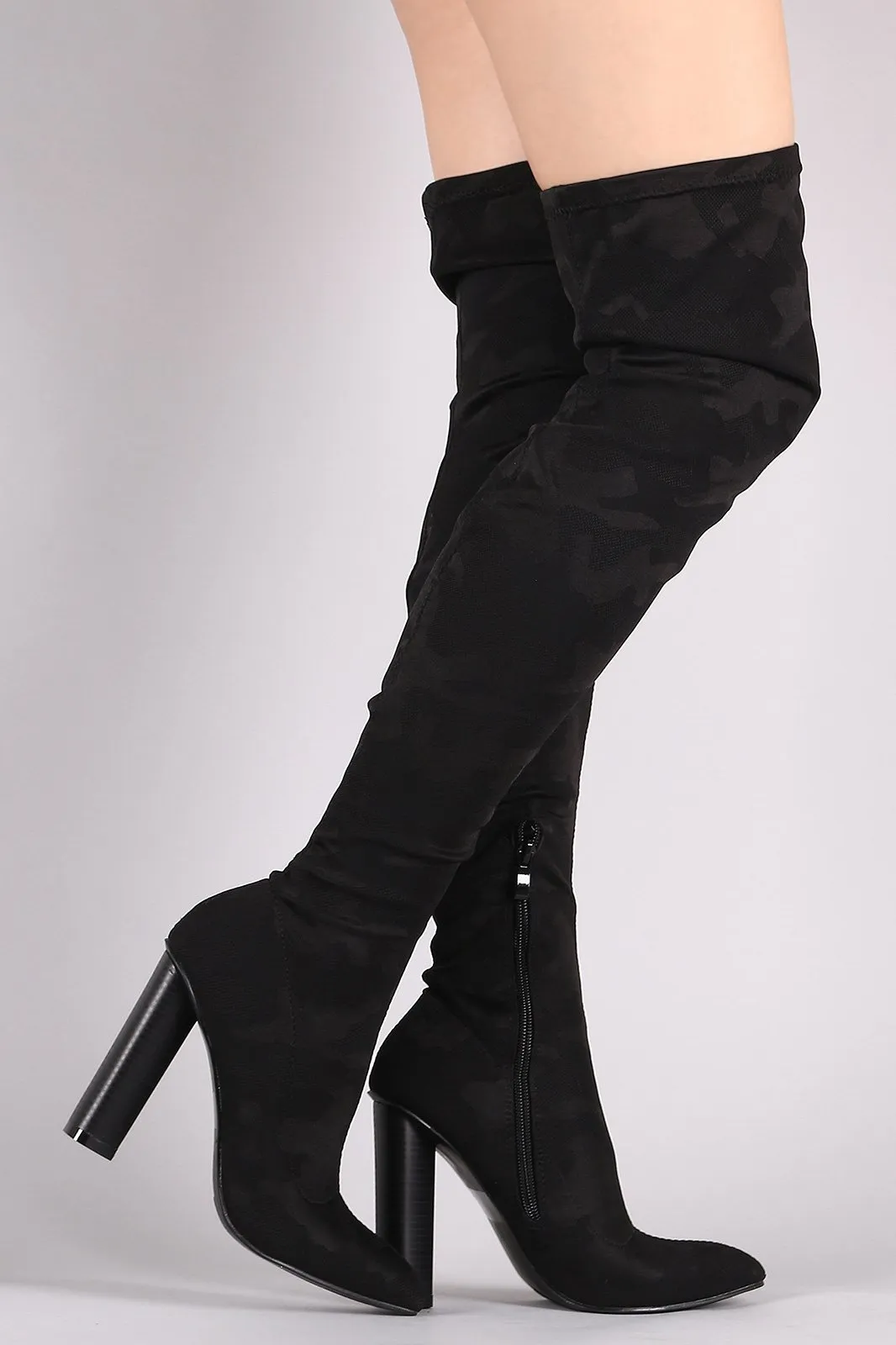 Camouflage Accent Pointy Toe Chunky Heeled Over-The-Knee Boots