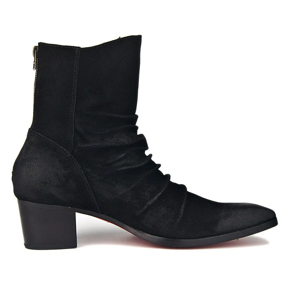 Chelsea Pleated Leather Suede High Heel Boots