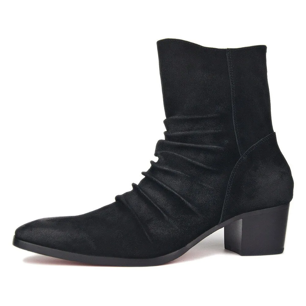 Chelsea Pleated Leather Suede High Heel Boots