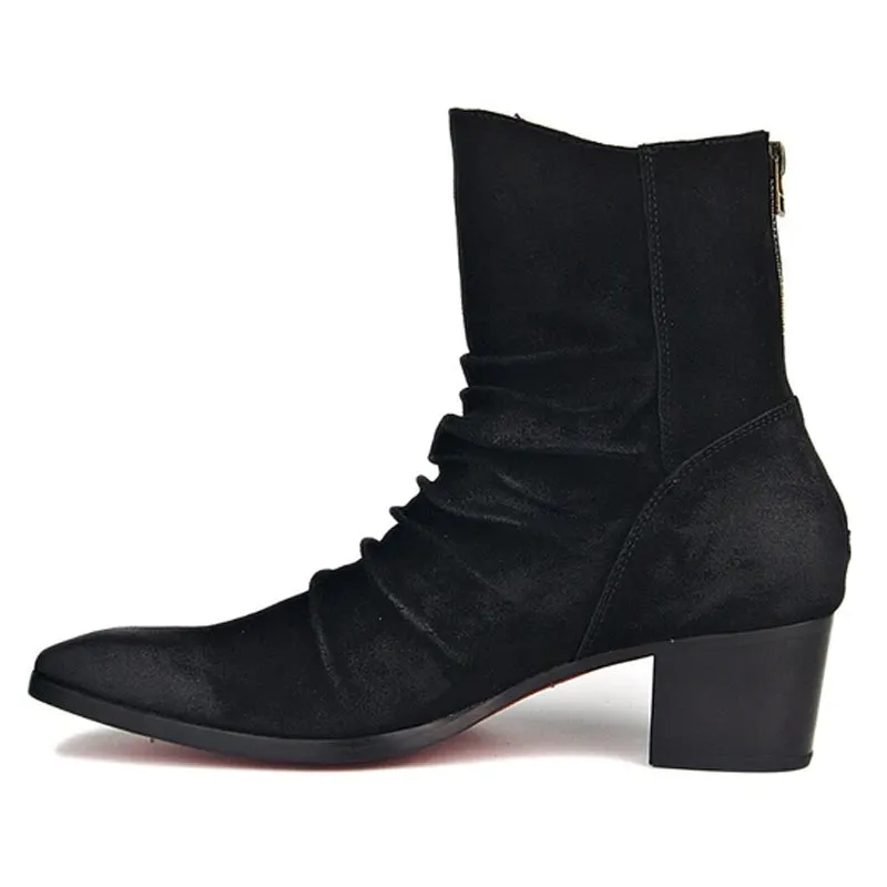 Chelsea Pleated Leather Suede High Heel Boots