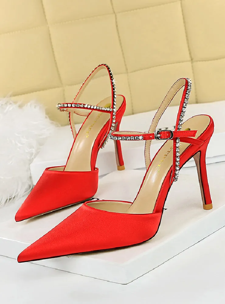 High-heeled Satin Shallow Pointed Rhinestone Sandals