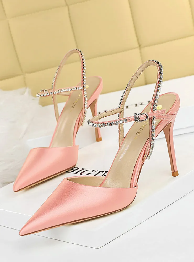 High-heeled Satin Shallow Pointed Rhinestone Sandals