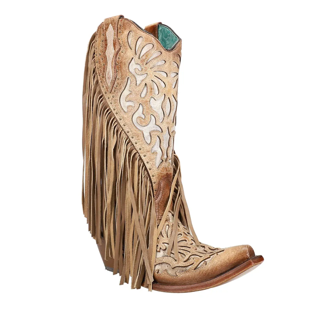 Lamb Studded Embroidered Fringe Snip Toe Cowboy Boots