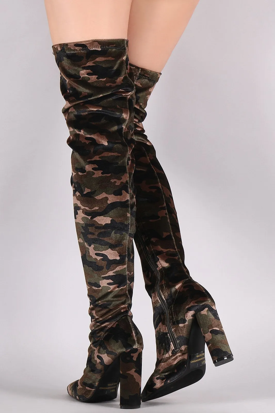 Qupid Velvet Camouflage Chunky Heeled Over-The-Knee Boots