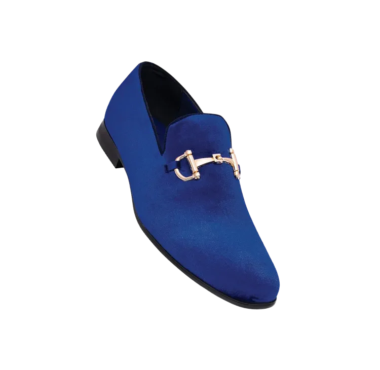 Royal shoes men's royal blue velvet slip on loafers gold buckle