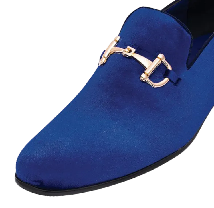 Royal shoes men's royal blue velvet slip on loafers gold buckle