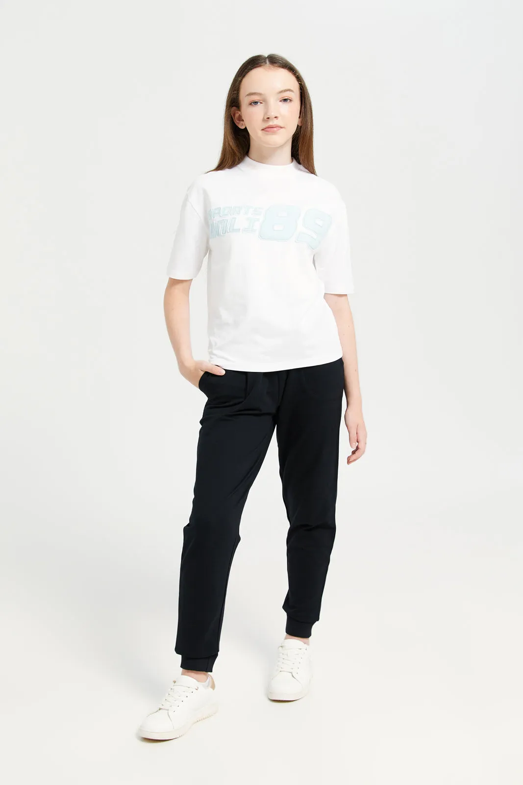 Senior Girls White Embellished With Denim Applique T-Shirt