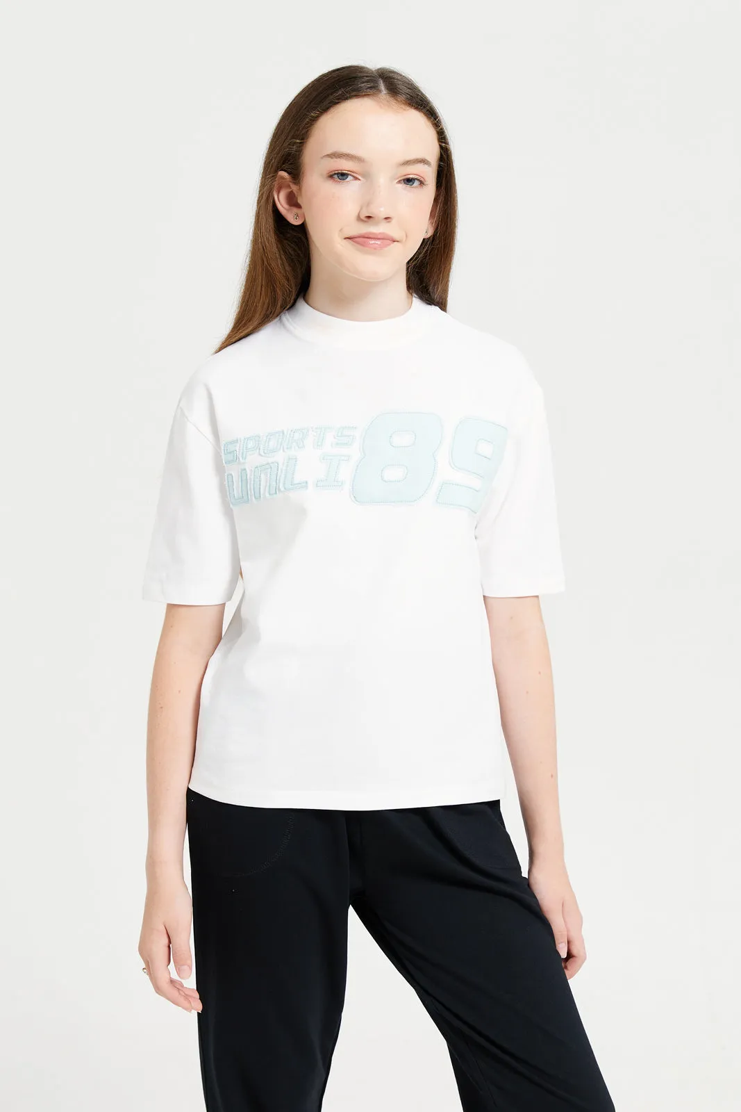 Senior Girls White Embellished With Denim Applique T-Shirt