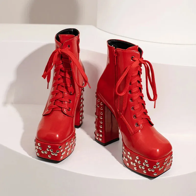 Trend4us Women's Luxury Studded Platform Lace-Up Ankle Boots