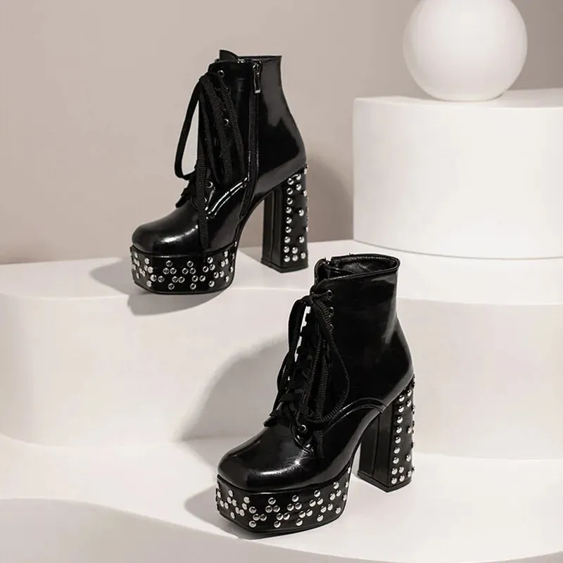 Trend4us Women's Luxury Studded Platform Lace-Up Ankle Boots