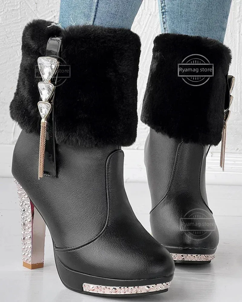 Trendy Waterproof Platform Rhinestones Boots