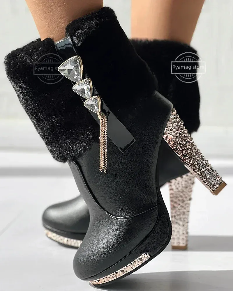 Trendy Waterproof Platform Rhinestones Boots